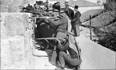 Arab League soldiers fire on Jewish Haganah fighters from East Jerusalem in March 1948