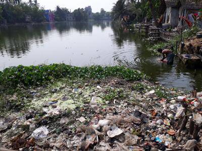 Water pollution at a city Lake in Kolkata city in India.