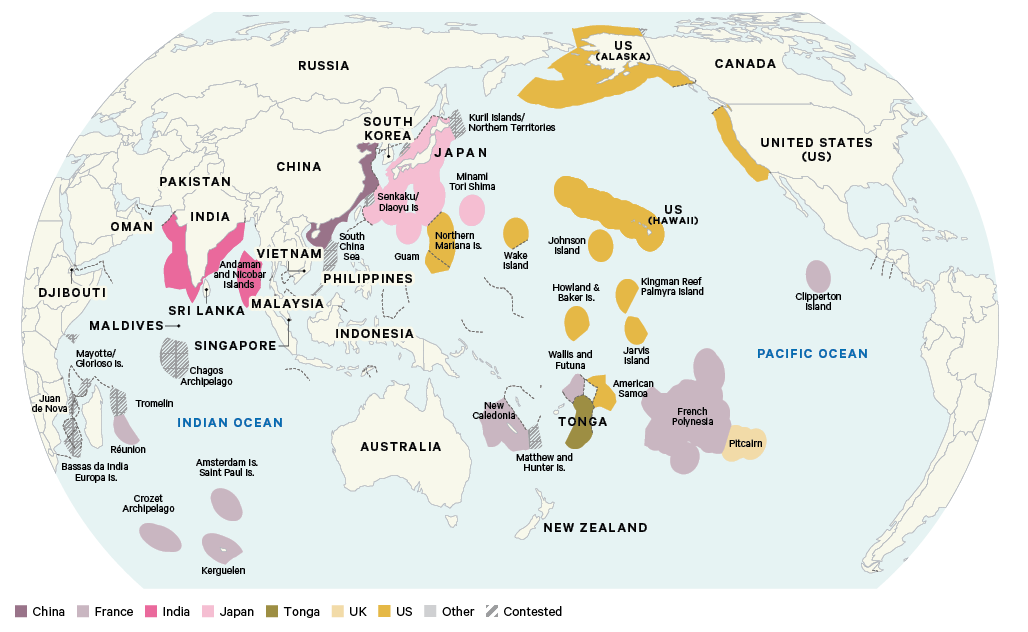 Figure 1. Exclusive economic zones claimed by the US, UK, France, India, Tonga, Japan and China