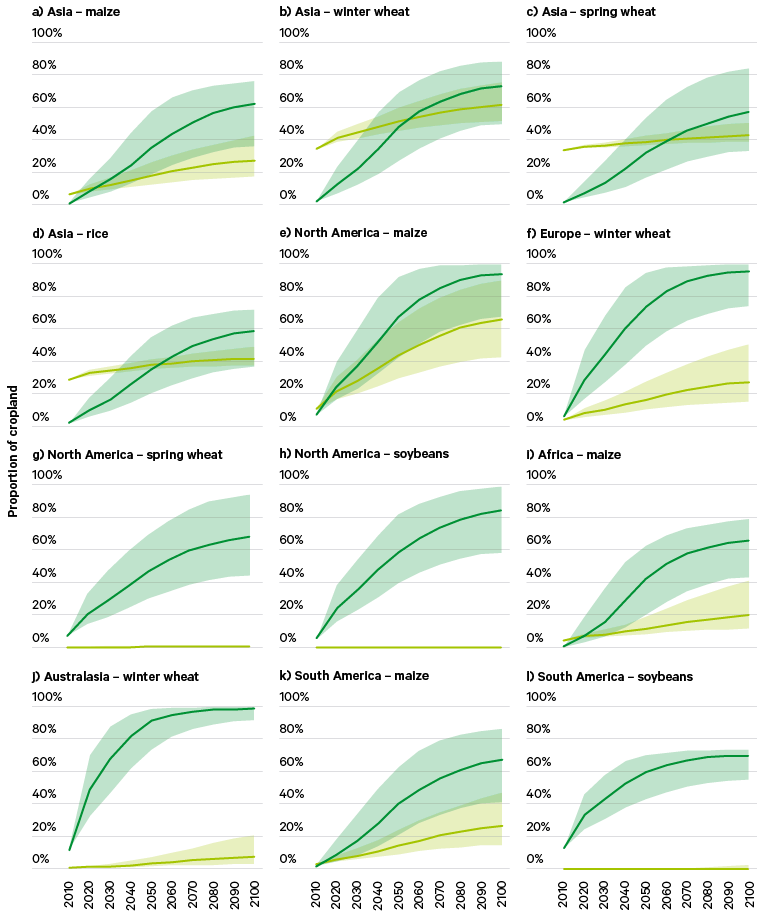 Figure 13. Proportion of the largest areas, for different crops per continent (across five crop types), with reductions in crop duration periods of at least 10 days, and experiencing damaging hot spells