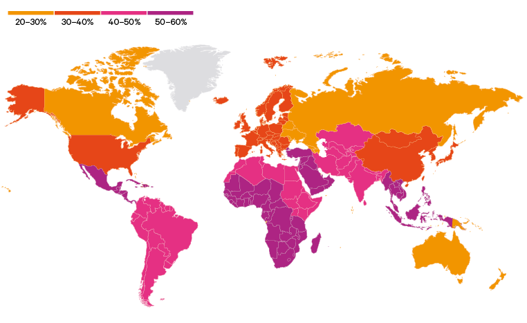 Figure 4. Proportion of regional populations experiencing major heatwaves, in 2040