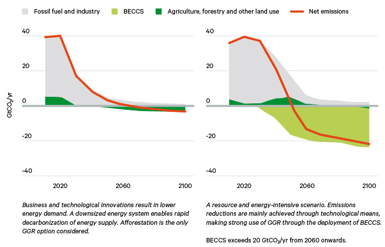 Figure 1. IPCC illustrative pathways towards balanced carbon budgets, and the role of BECCS