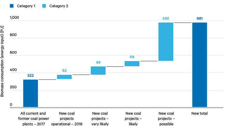 Figure 7. Potential biomass consumption growth in the former EU28 due to coal-to-biomass substitutions in coal power plants, grouped by project risk