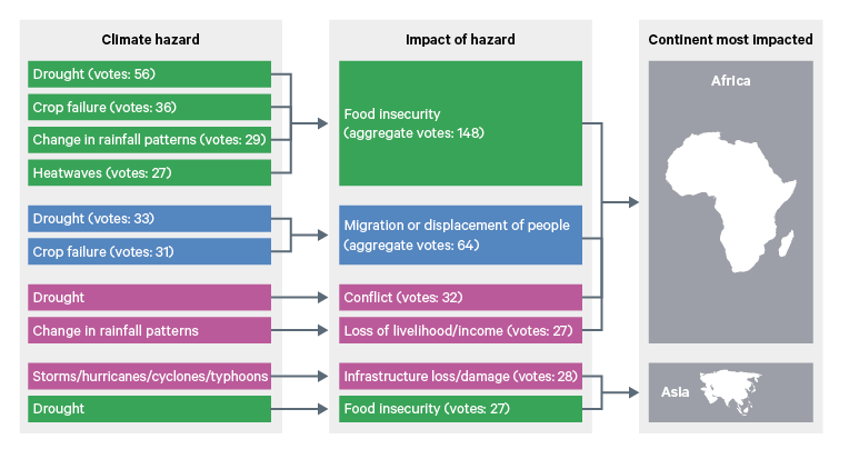 Figure 6. Continental hazard-impact pathways shortlist, showing climate hazards and their impacts, alongside the continent where impacts from the hazard are likely to be greatest