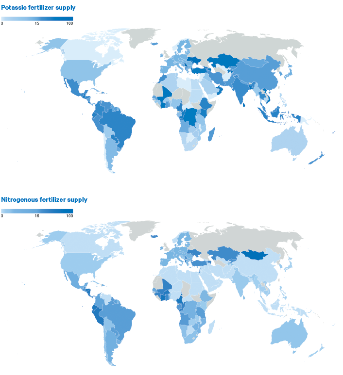 Figure 1. Imports of Russian, Belarusian and Ukrainian fertilizers as a share of total supply 2018-20, by country (%)
