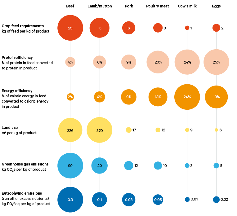 Figure 2. Relative efficiencies and environmental impacts of animal-sourced foods