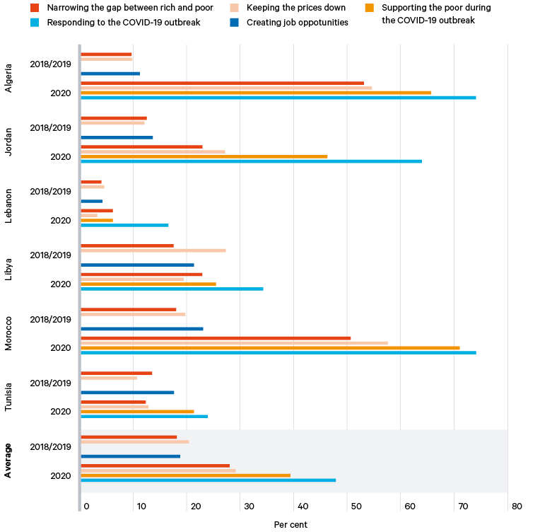 Figure 5. Percentage of people reporting that government performance is good or very good in different areas