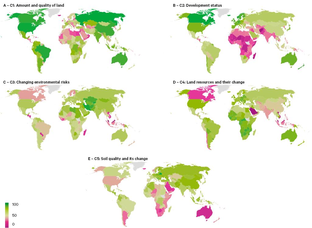 Figure 37. Countries’ land wealth by each of the five featured PCA components