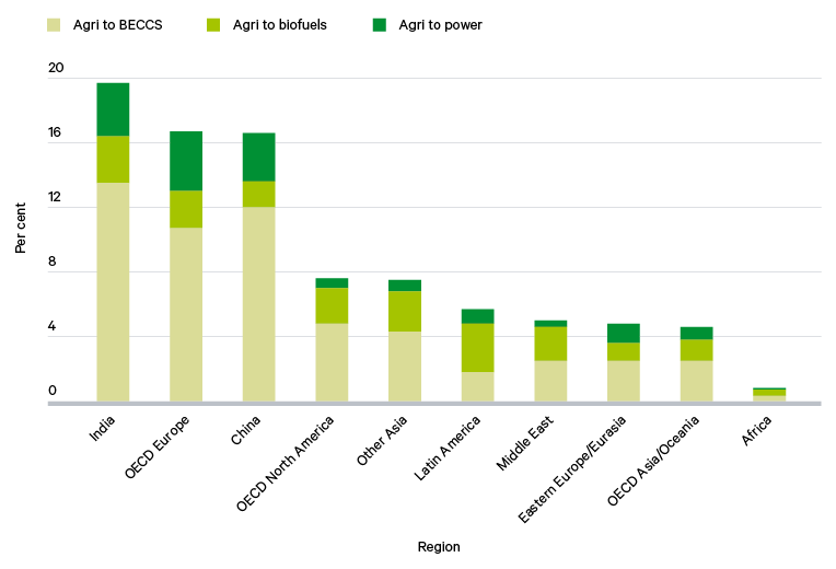 Figure 31. Proportion of agricultural area dedicated to BECCS feedstocks by region, under REmap energy scenario in 2050