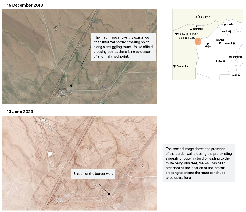 Figure 6. Satellite images showing the progressive development of gaps in the constructed wall at the border between December 2018 and June 2023