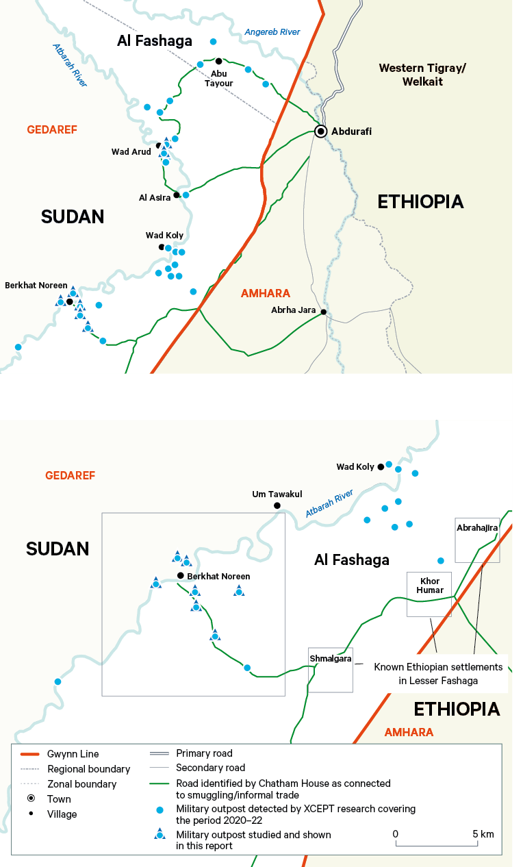 Figure 6. SAF outposts in Wad Arud and Berkhat Noreen, Lesser Al Fashaga (2020–22)