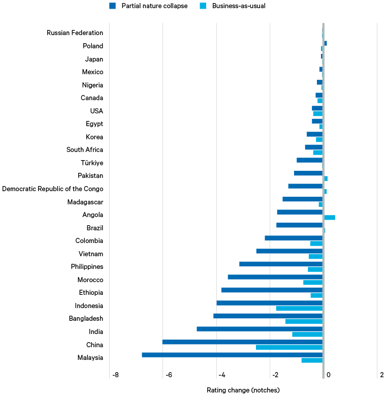 Figure 2. Estimated credit rating changes for selected states under partial nature collapse and BAU by 2030, were biodiversity- and nature-related risks to be incorporated into sovereign risk assessments