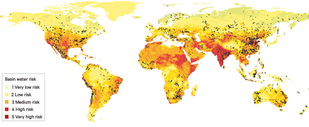 Figure 1. Distribution of global active and operating mines against overall water risk (physical, regulatory and reputational), 2020