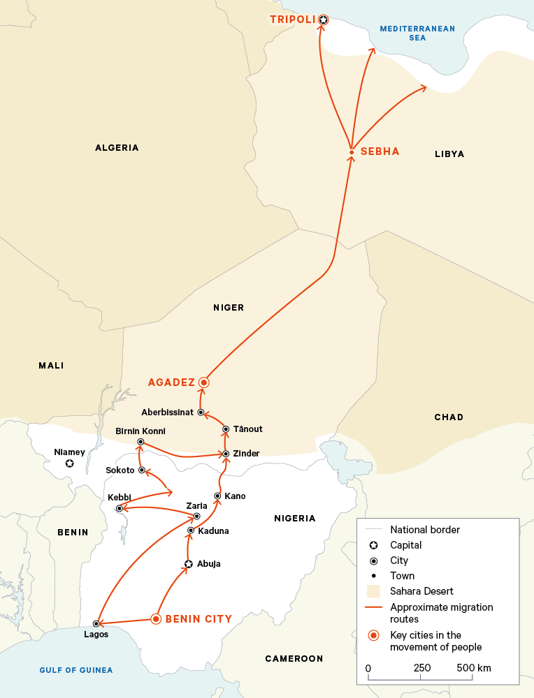 Figure 1. The routes of movement from Edo State in Nigeria to Tripoli in Libya