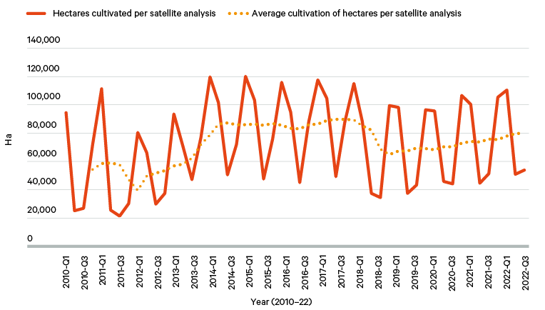 Figure 16. Agricultural production in Sebha and the surrounding area, 2010–22 (hectares)