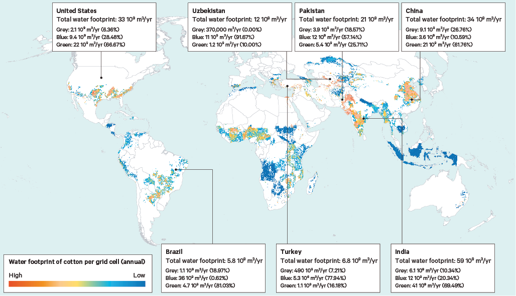 Figure 3. Total average annual water footprint (green, blue and grey) of global seed cotton production, 1996–2005