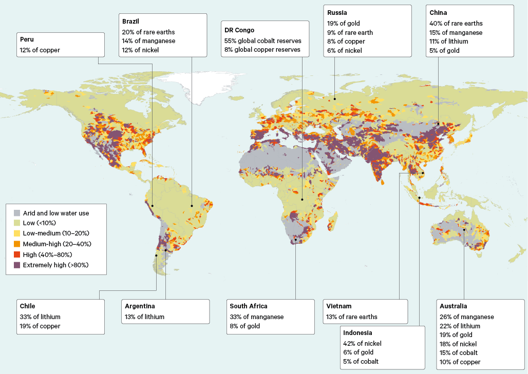 Figure 4. Countries with the largest reserves of cobalt, copper, gold, lithium, manganese, nickel and rare earths.