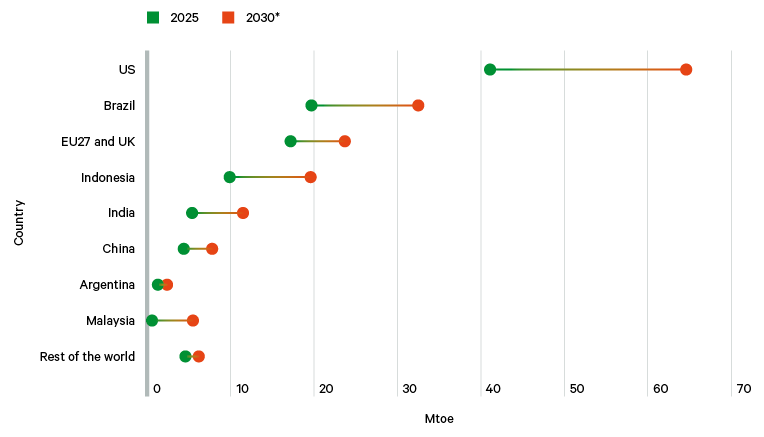 Figure 1. Global biofuel production is expected to increase significantly by 2030, led by the US, Brazil and Indonesia